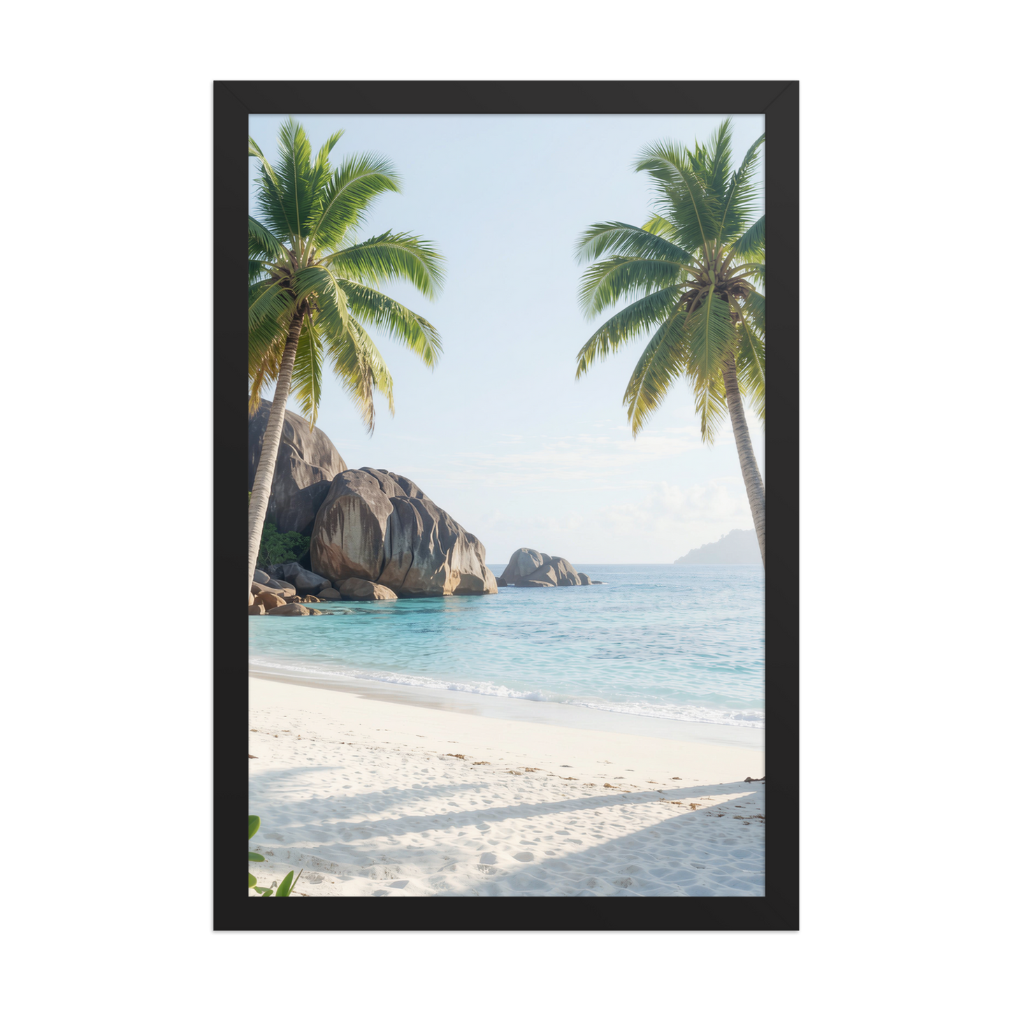 Framed tropical beach print with turquoise ocean, white sand and palm trees, ready to hang coastal wall art, JMTR Jeometry Store