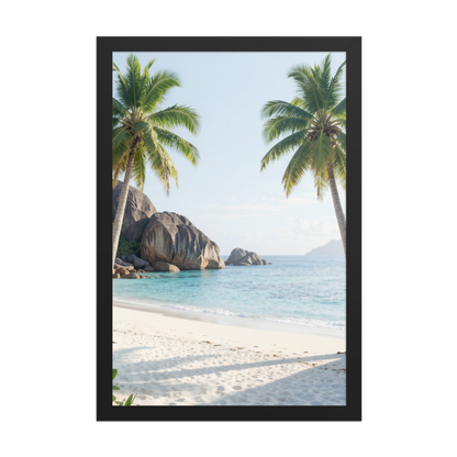 Framed tropical beach print with turquoise ocean, white sand and palm trees, ready to hang coastal wall art, JMTR Jeometry Store