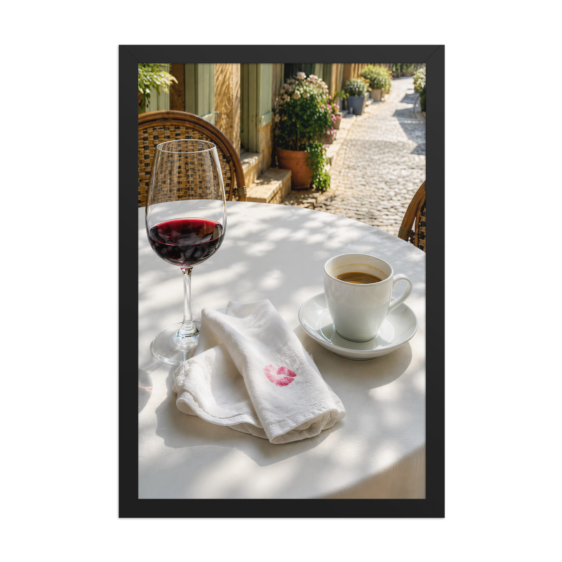 Framed sunlit café terrace print with red wine and espresso, ready to hang wall art, JMTR Jeometry Store