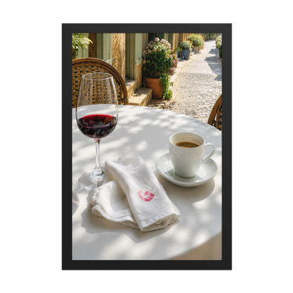 Framed sunlit café terrace print with red wine and espresso, ready to hang wall art, JMTR Jeometry Store