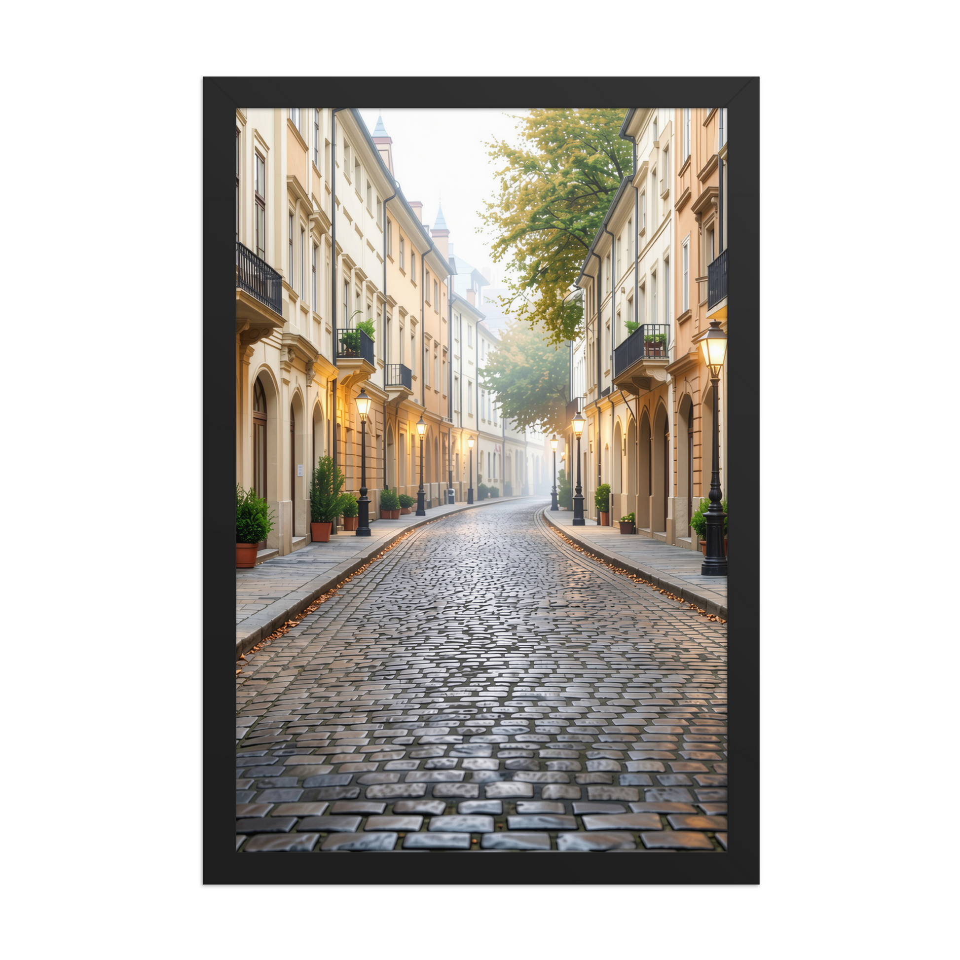 Framed European cobblestone street wall art, calm aesthetic old town morning fog poster, black frame, JMTR Jeometry Store