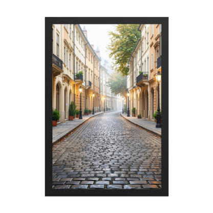 Framed European cobblestone street wall art, calm aesthetic old town morning fog poster, black frame, JMTR Jeometry Store
