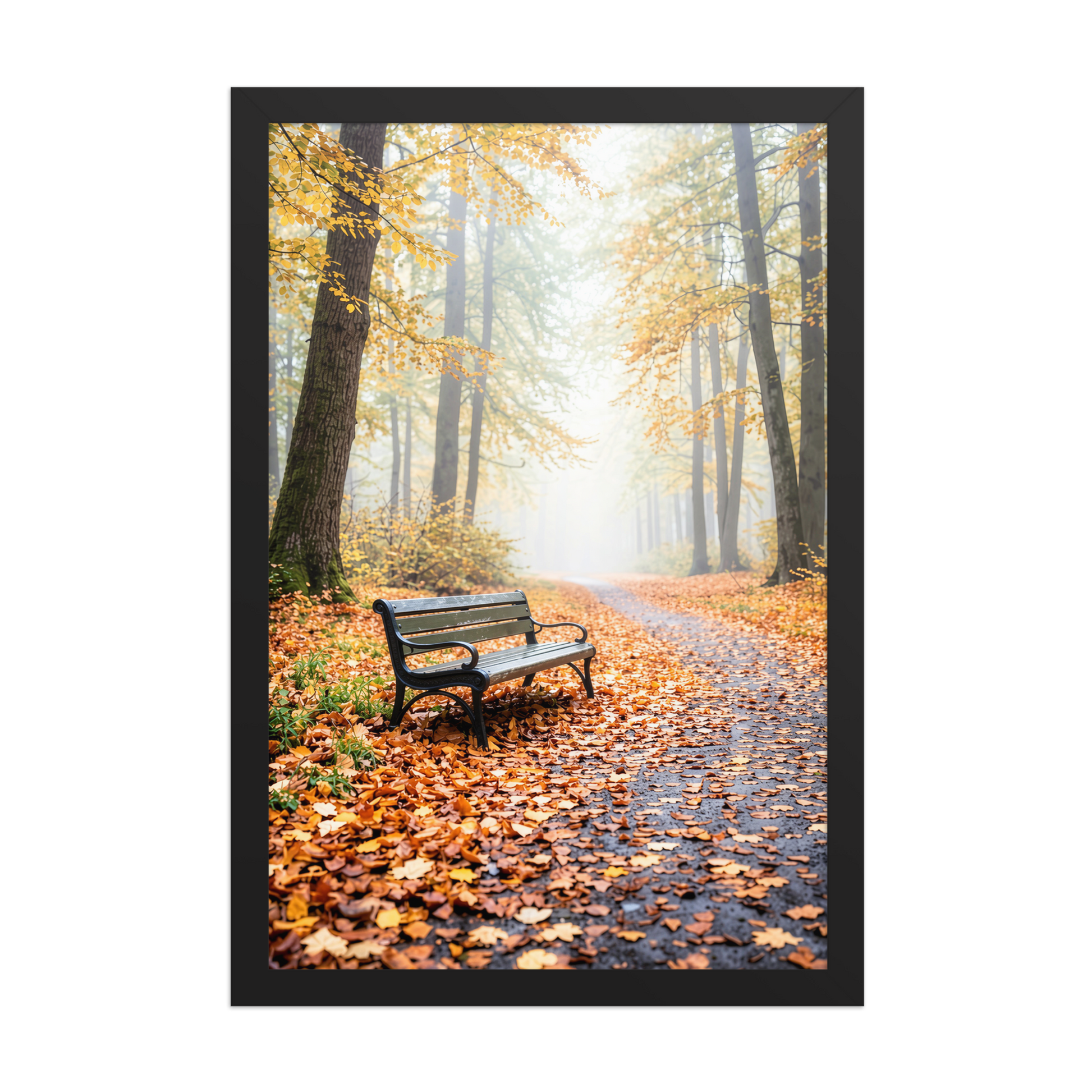 Framed autumn park bench wall art, foggy forest path fall leaves calm aesthetic poster, black frame, JMTR Jeometry Store