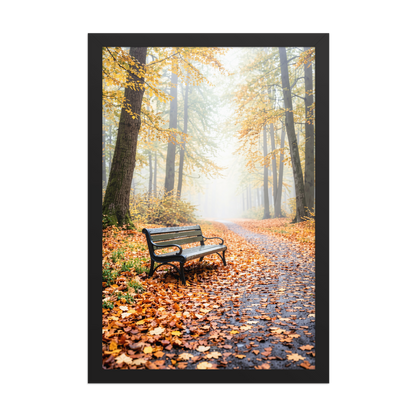 Framed autumn park bench wall art, foggy forest path fall leaves calm aesthetic poster, black frame, JMTR Jeometry Store