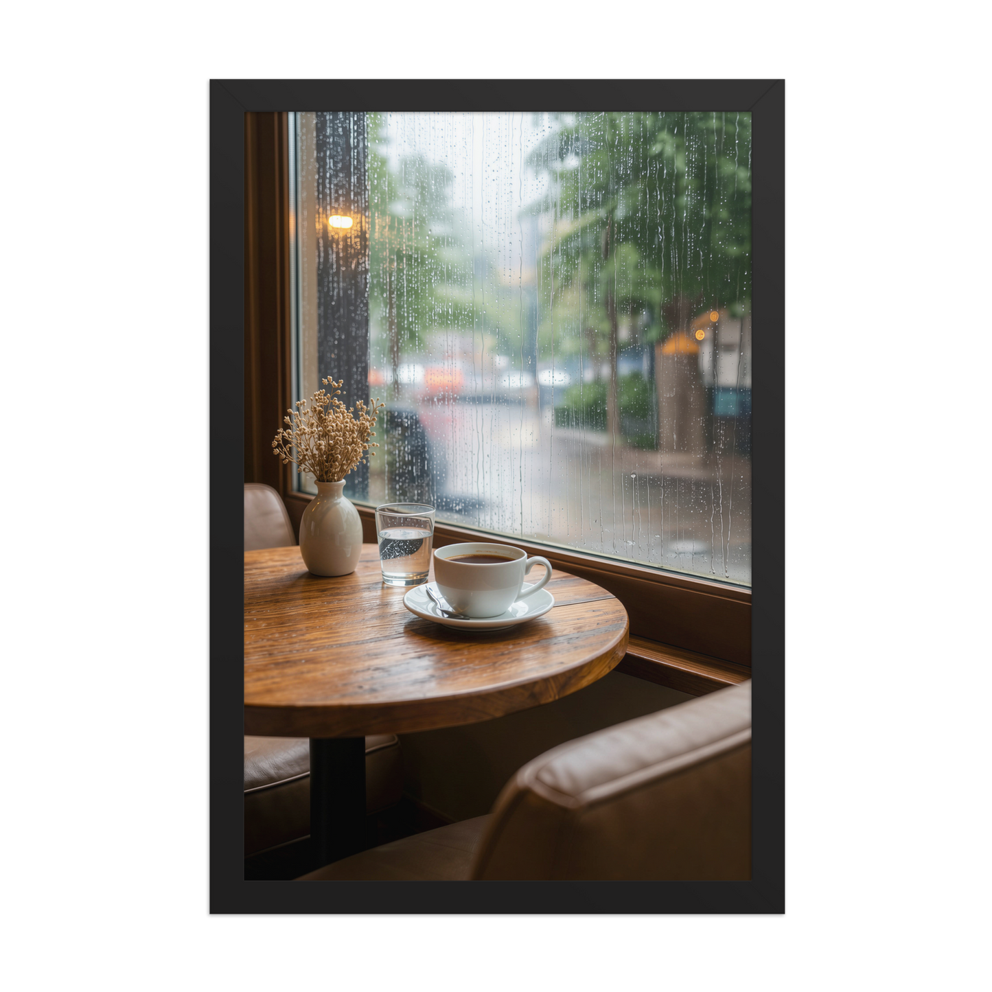 Framed rainy day cafe wall art, coffee cup by rain window calm aesthetic poster, black frame, JMTR Jeometry Store