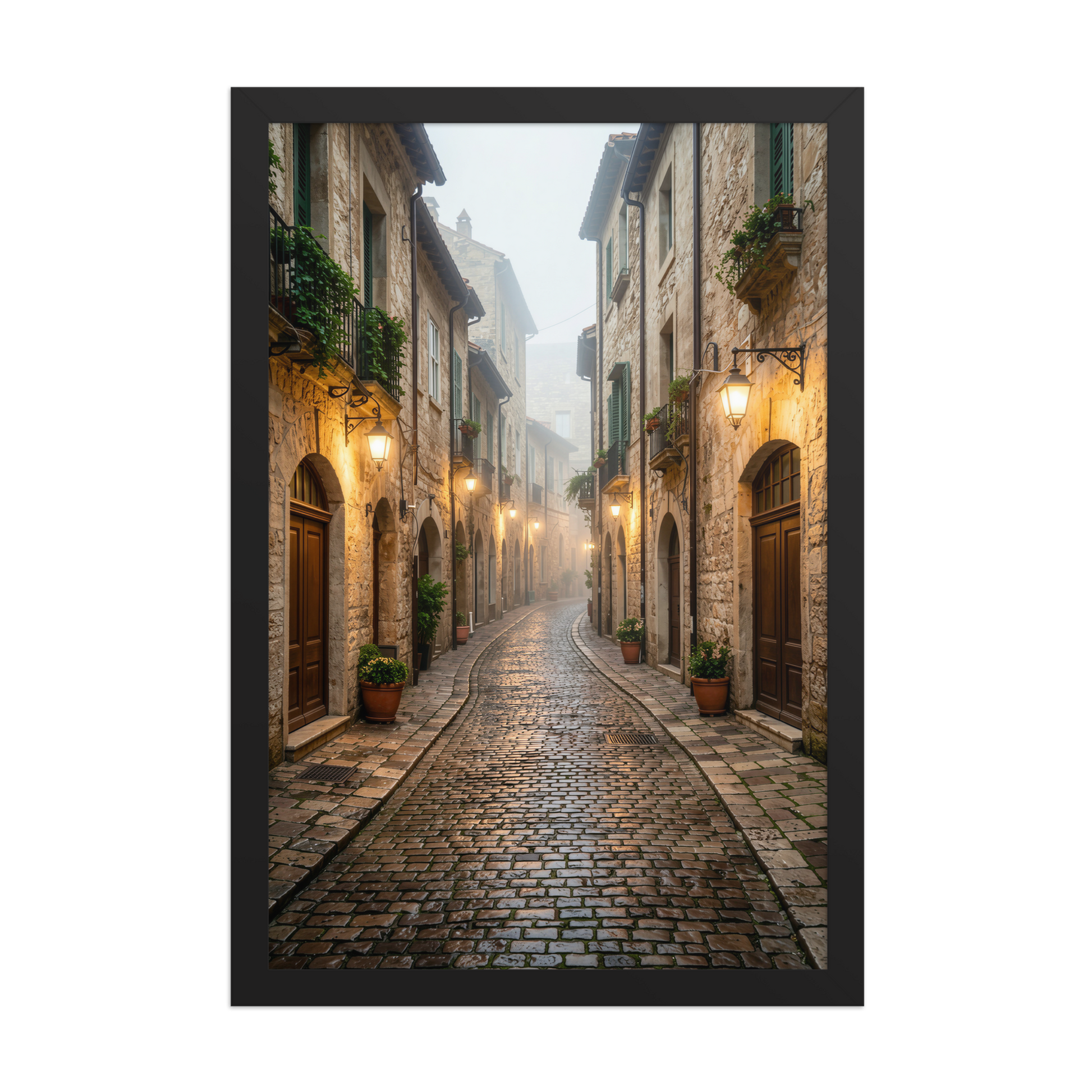 Framed Italian village cobblestone street wall art, warm lanterns foggy alley calm aesthetic poster, black frame, JMTR Jeometry Store