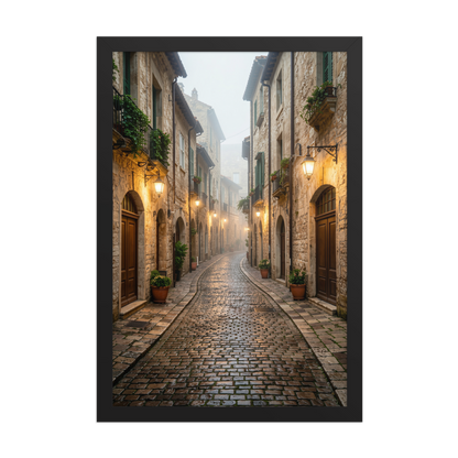 Framed Italian village cobblestone street wall art, warm lanterns foggy alley calm aesthetic poster, black frame, JMTR Jeometry Store