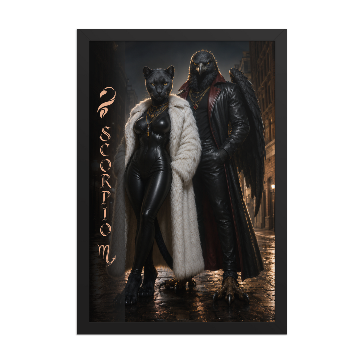 Scorpio power couple framed poster with black panther and black eagle