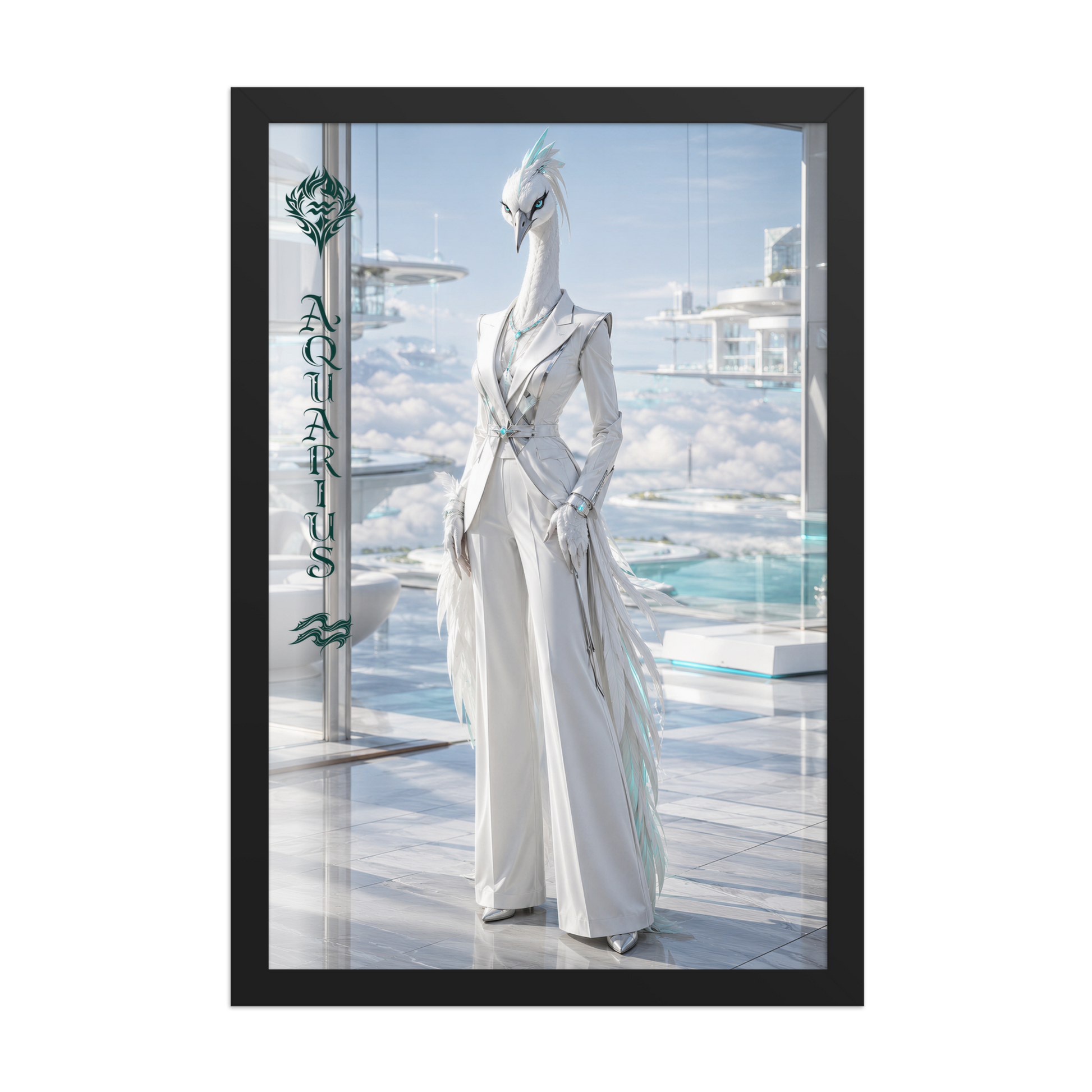 Framed Aquarius woman zodiac poster featuring a white crane standing above the clouds in a futuristic celestial city