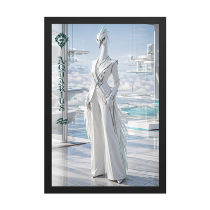 Framed Aquarius woman zodiac poster featuring a white crane standing above the clouds in a futuristic celestial city