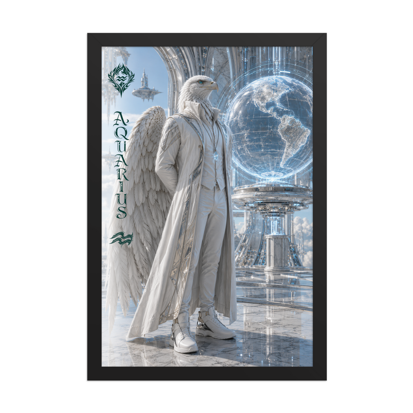 Framed Aquarius man zodiac poster featuring a white eagle standing before a glowing world in a futuristic celestial city
