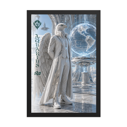 Framed Aquarius man zodiac poster featuring a white eagle standing before a glowing world in a futuristic celestial city