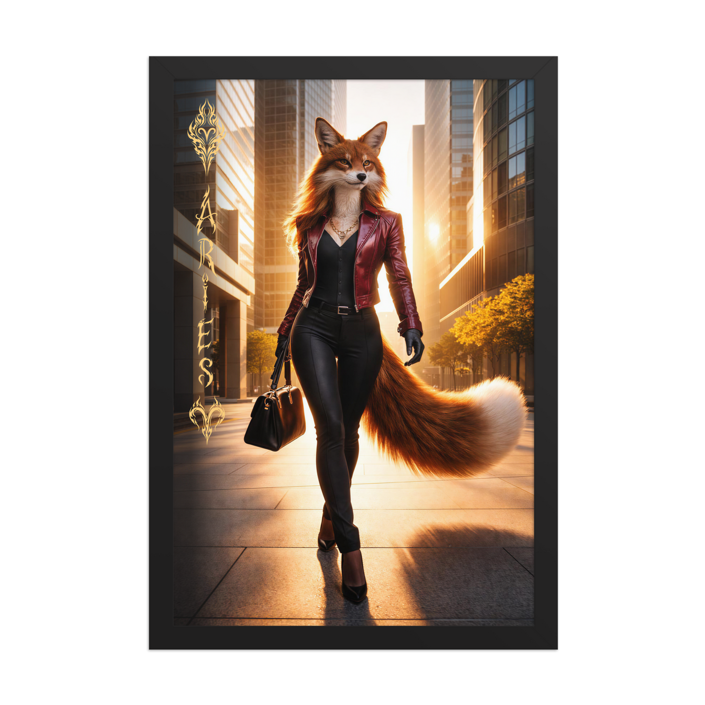 Framed Aries fox woman zodiac poster walking through a modern city at sunset