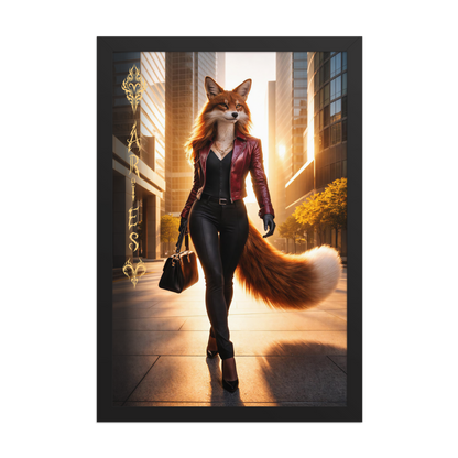 Framed Aries fox woman zodiac poster walking through a modern city at sunset