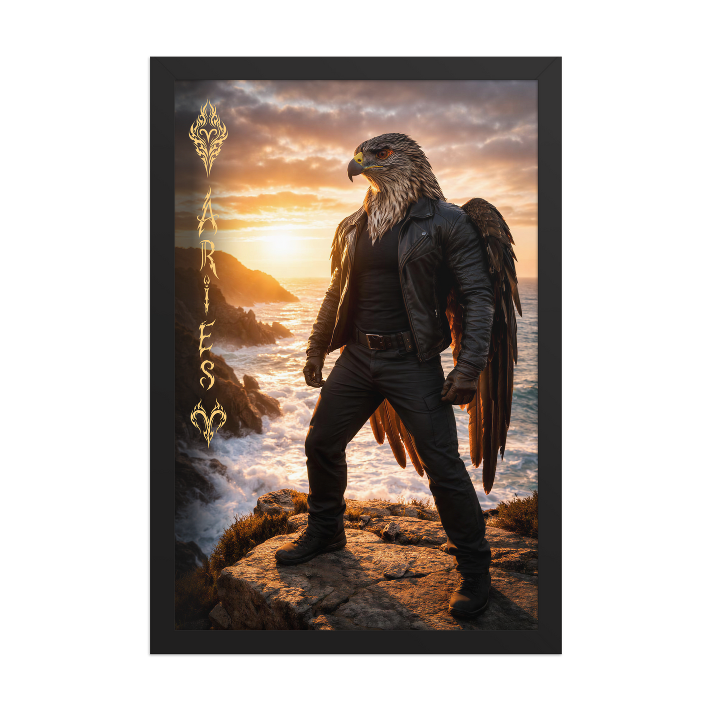 Framed Aries man poster featuring a powerful eagle figure standing above ocean cliffs at sunset, symbolizing strength, courage, and leadership.