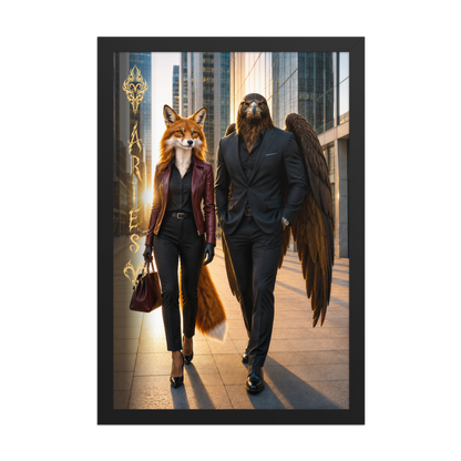 Framed Aries power couple poster featuring eagle and fox archetypes walking through a modern city, symbolizing strength, ambition, and partnership.