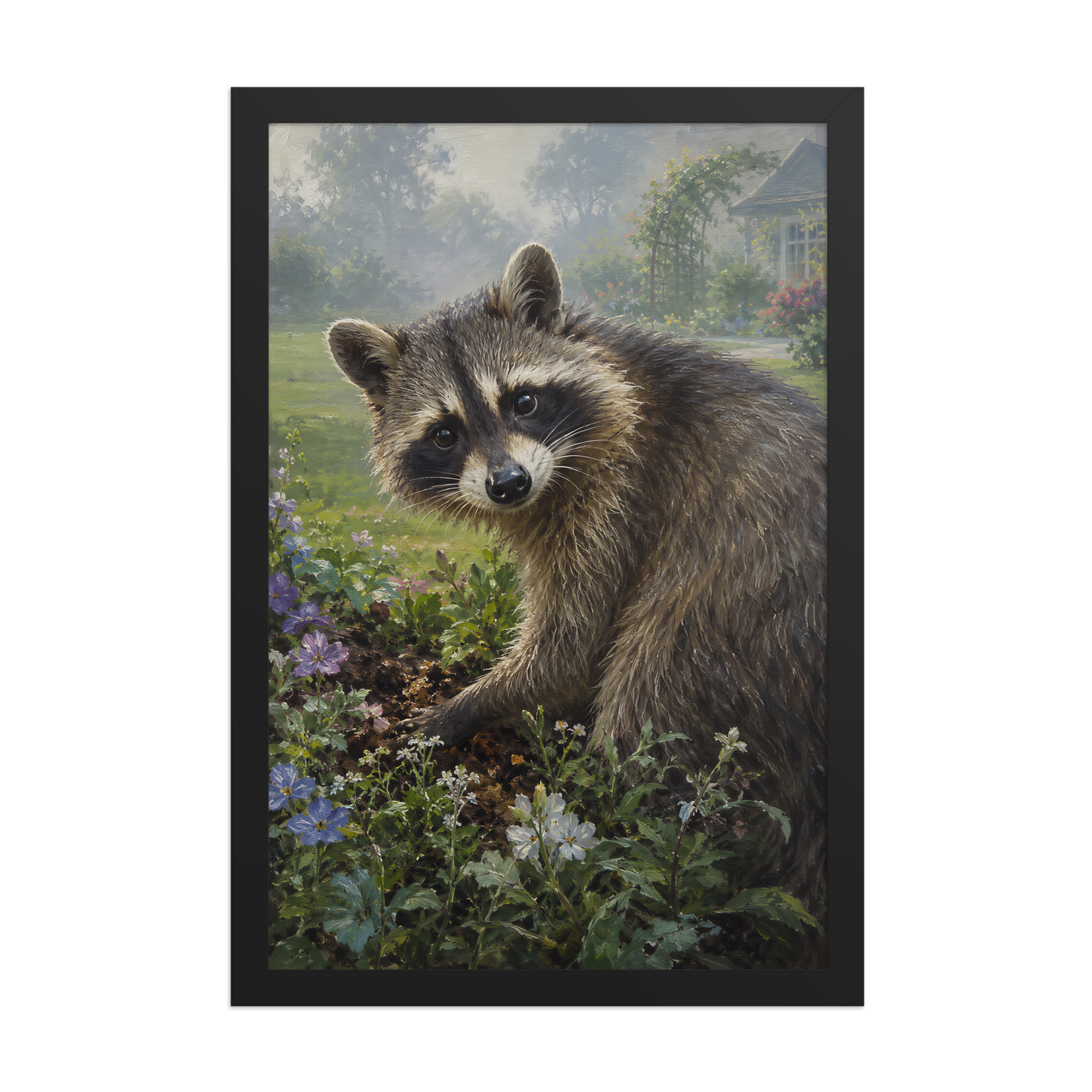 Garden Raccoon Curiosity Framed Poster