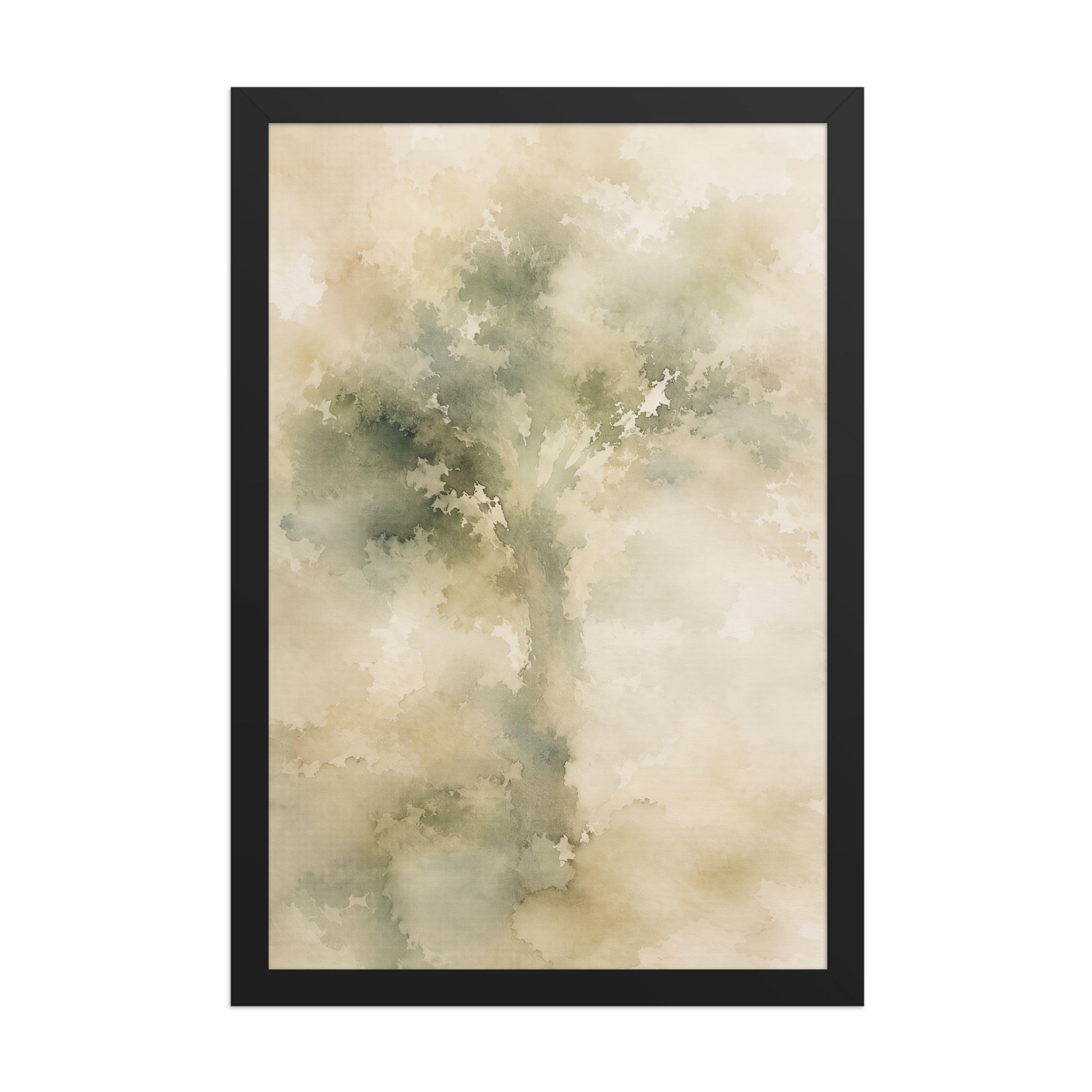 Framed minimalist nature poster featuring a softly emerging tree form in muted green and warm neutral tones.
