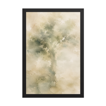 Framed minimalist nature poster featuring a softly emerging tree form in muted green and warm neutral tones.