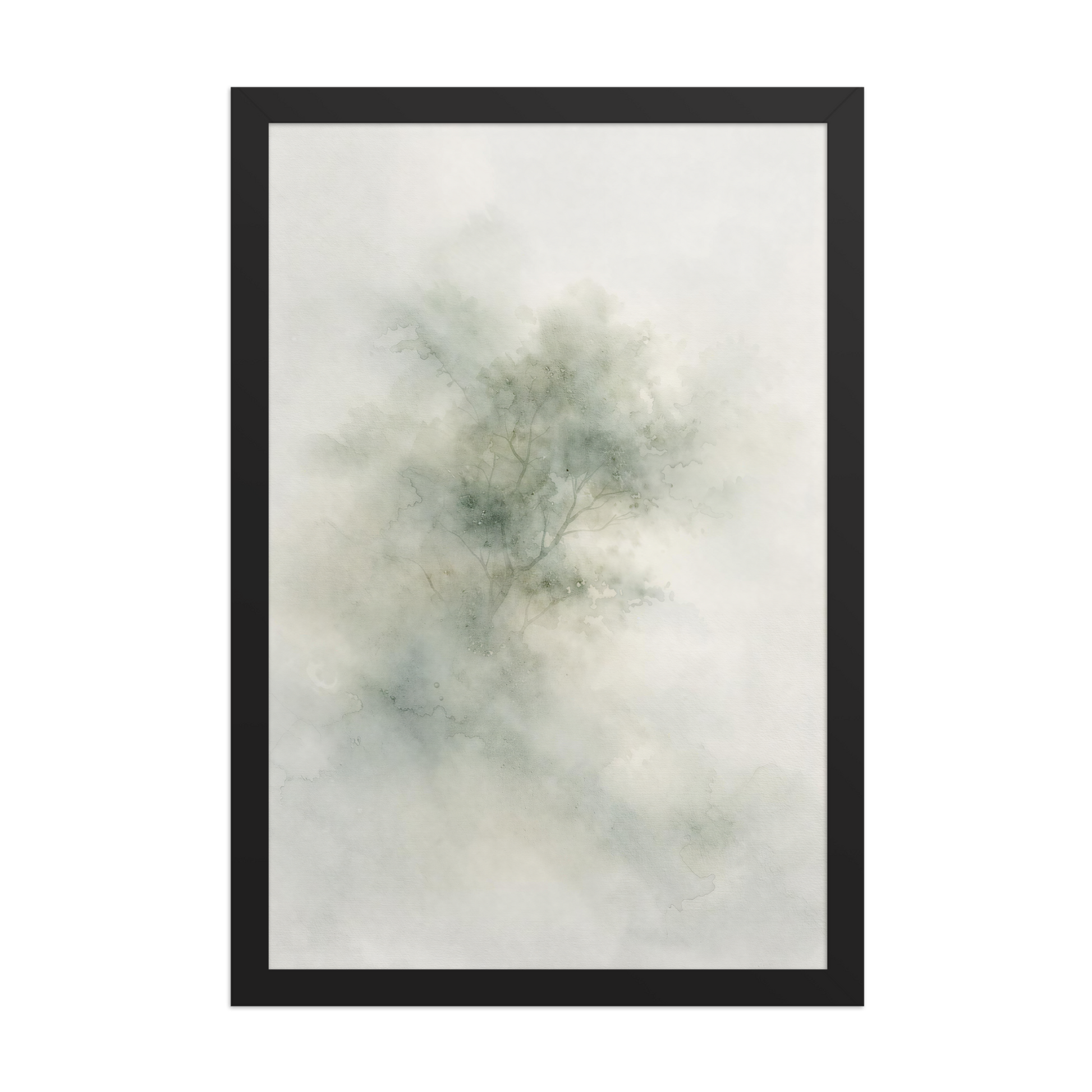 Framed minimalist watercolor-inspired artwork with a softly emerging tree form and subtle neutral tones.