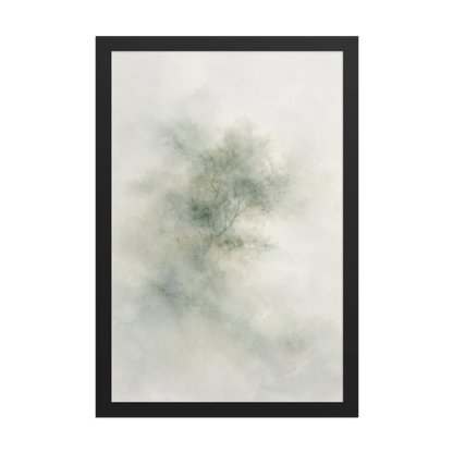 Framed minimalist watercolor-inspired artwork with a softly emerging tree form and subtle neutral tones.