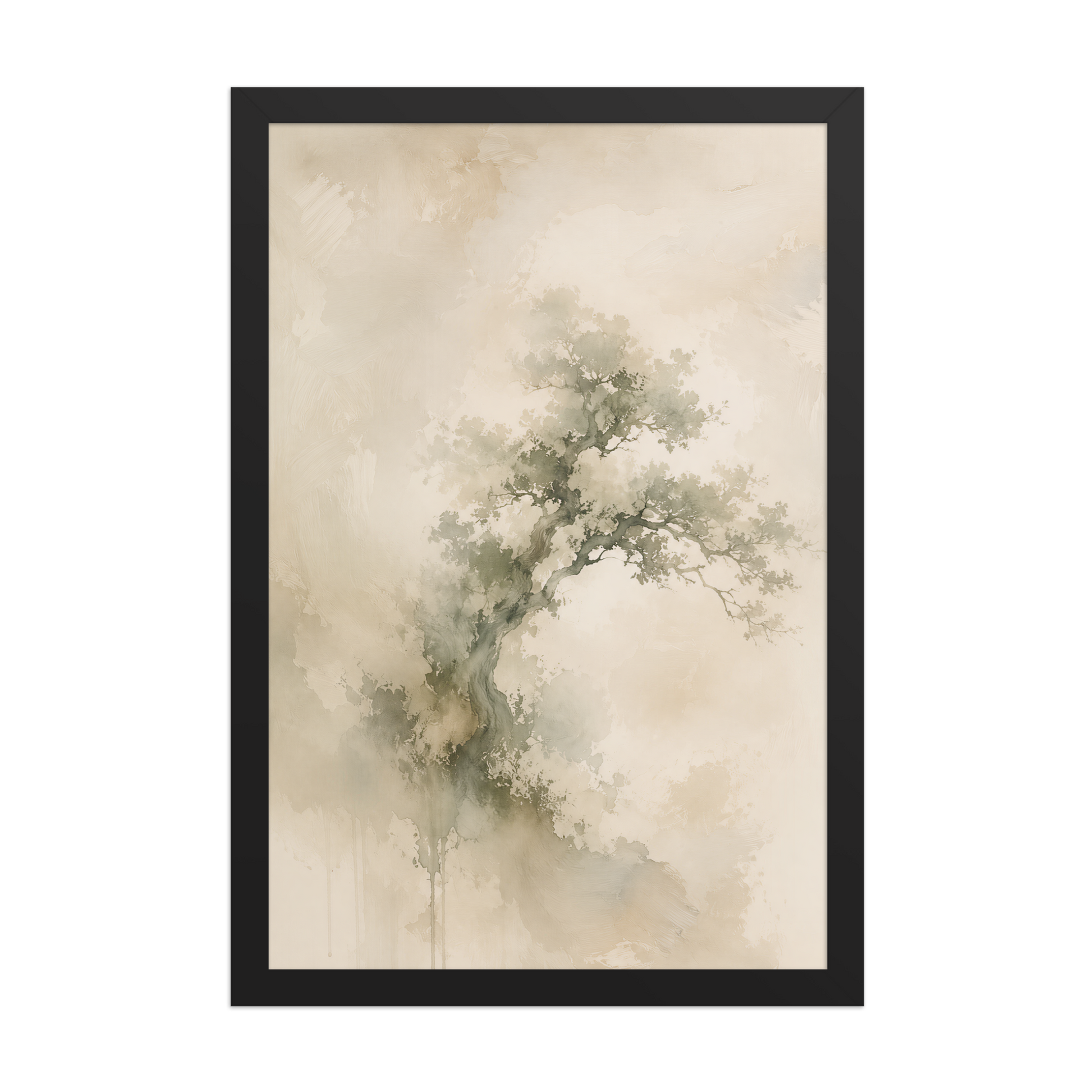Framed minimalist nature-inspired poster featuring an emerging tree form in soft earthy neutral tones.