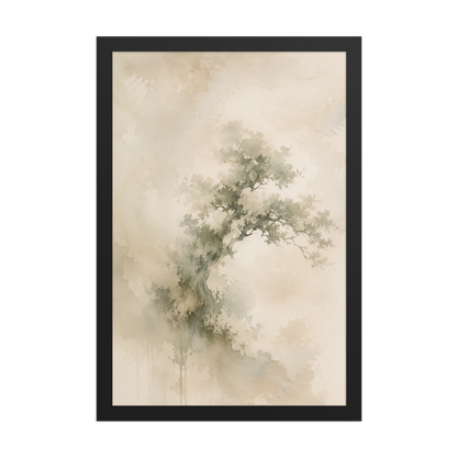 Framed minimalist nature-inspired poster featuring an emerging tree form in soft earthy neutral tones.