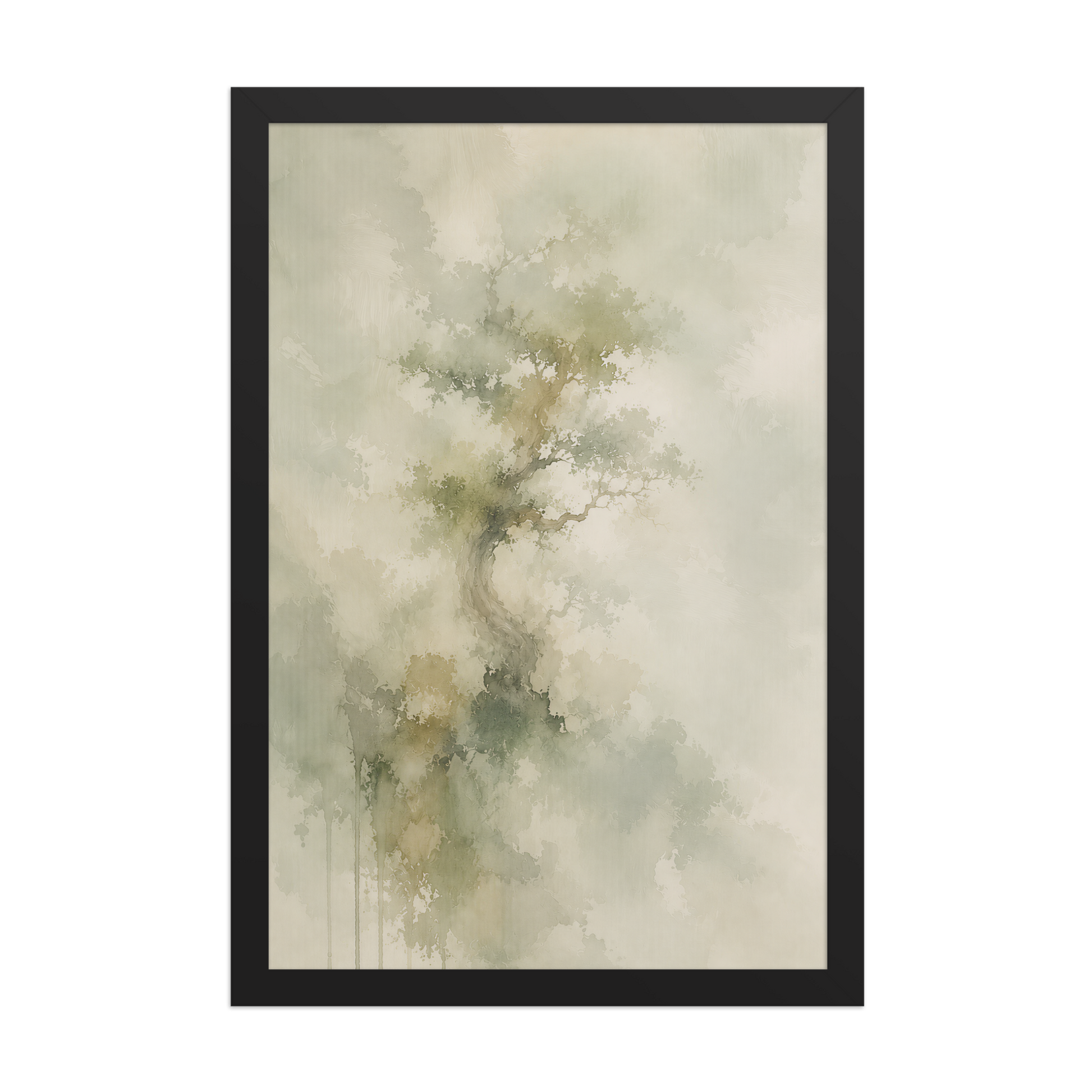 Framed minimalist nature-inspired poster featuring a softly emerging tree form in muted neutral tones and organic watercolor textures.