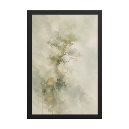 Framed minimalist nature-inspired poster featuring a softly emerging tree form in muted neutral tones and organic watercolor textures.