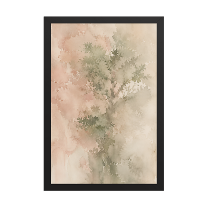Framed minimalist nature-inspired poster featuring a softly emerging tree form in blush, sage, and warm neutral tones.