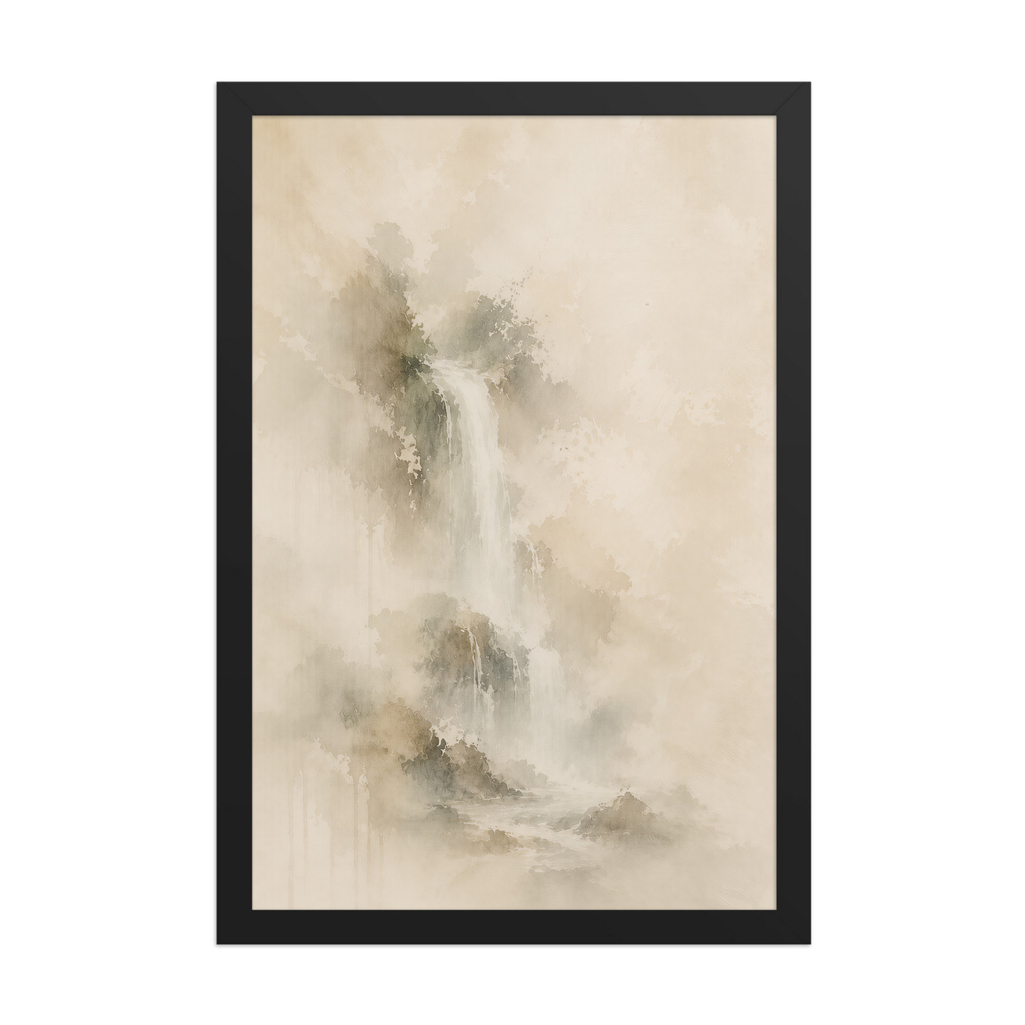 Framed waterfall-inspired poster featuring soft flowing forms in warm neutral and muted earth tones.