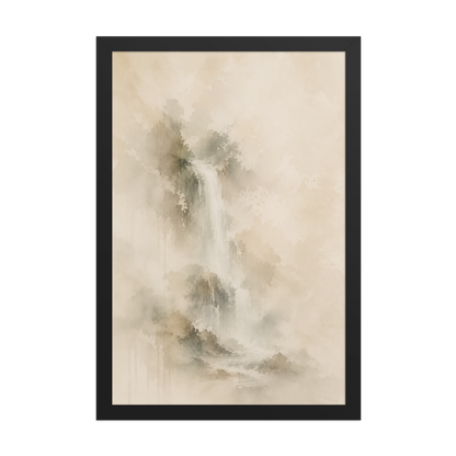 Framed waterfall-inspired poster featuring soft flowing forms in warm neutral and muted earth tones.
