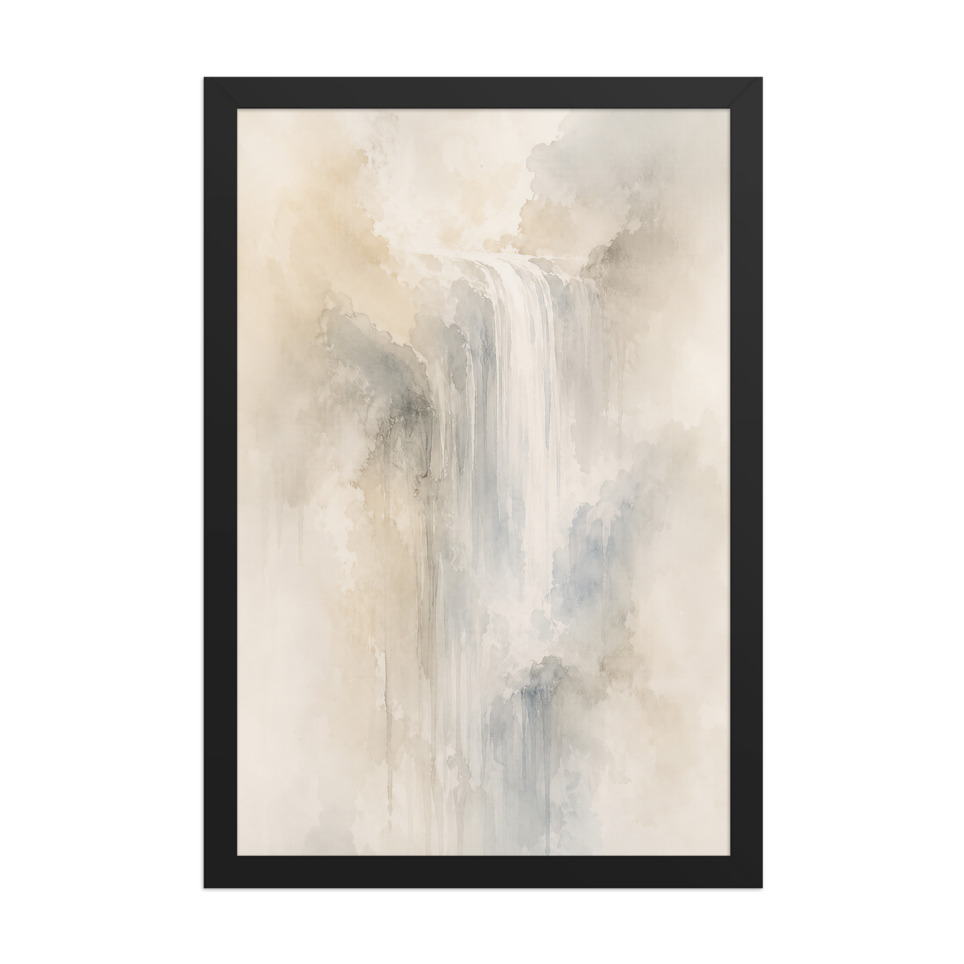Framed waterfall-inspired poster with soft flowing forms in warm neutrals, misty blues, and subtle organic textures.