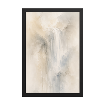 Framed waterfall-inspired poster with soft flowing forms in warm neutrals, misty blues, and subtle organic textures.