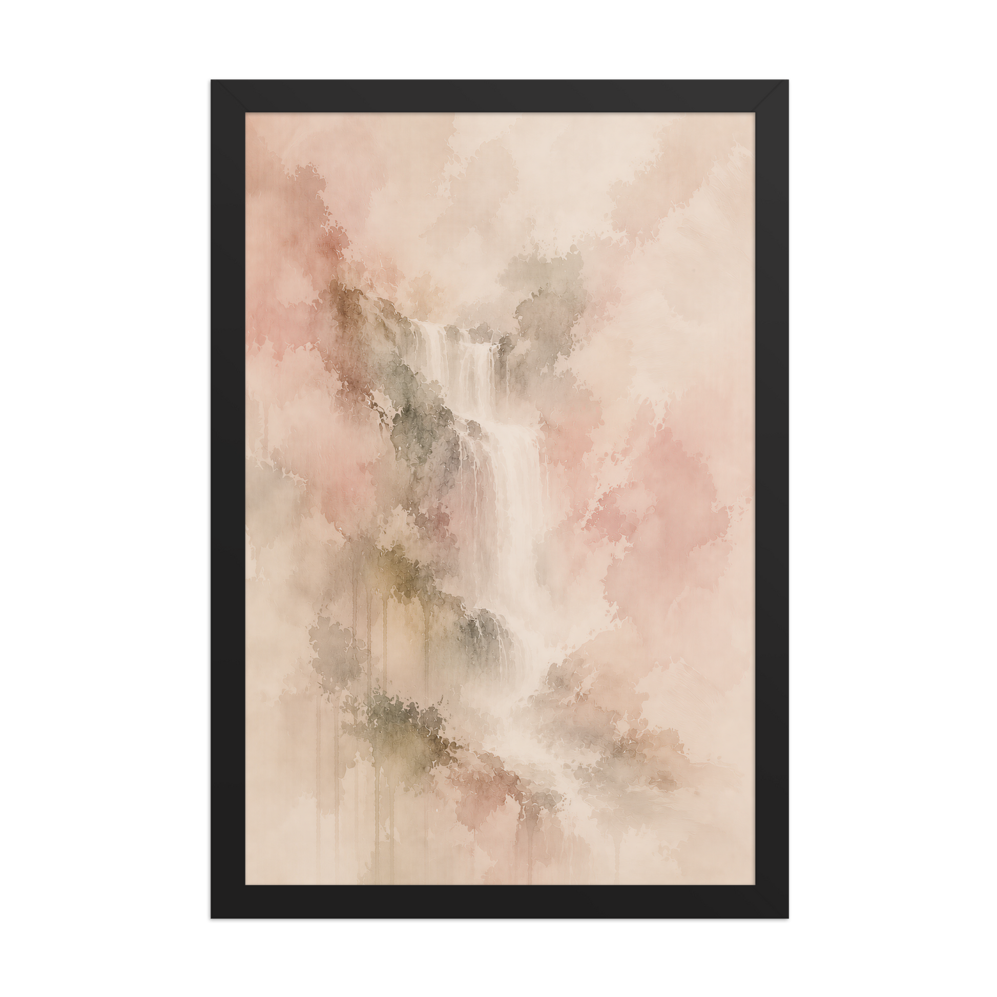 Framed waterfall-inspired poster featuring soft flowing forms in blush, warm neutral, and muted earth tones.