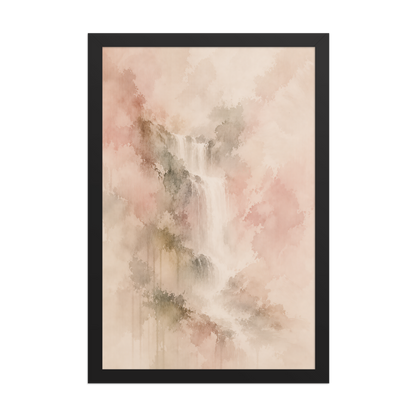 Framed waterfall-inspired poster featuring soft flowing forms in blush, warm neutral, and muted earth tones.