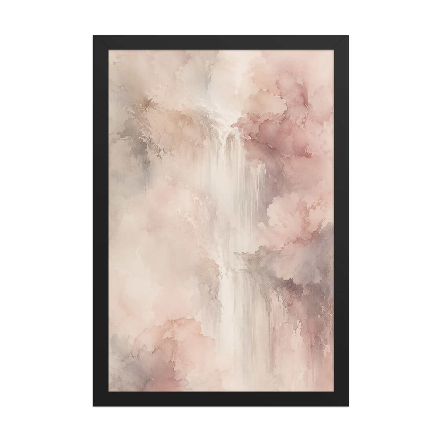 Framed waterfall-inspired poster featuring soft flowing forms in blush pink, warm neutrals, and muted earth tones.