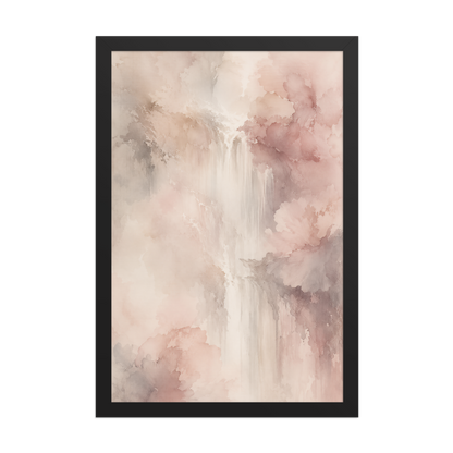 Framed waterfall-inspired poster featuring soft flowing forms in blush pink, warm neutrals, and muted earth tones.
