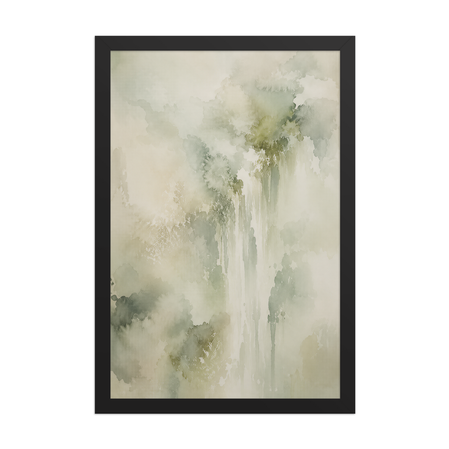Framed waterfall-inspired poster featuring soft flowing forms in sage green, warm neutrals, and muted natural tones.