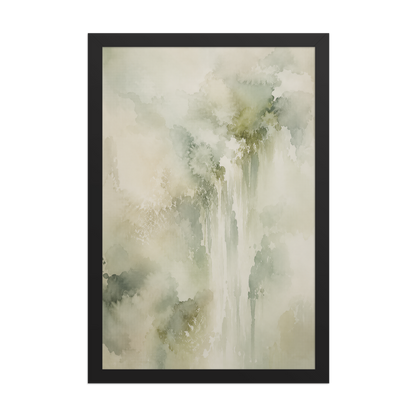 Framed waterfall-inspired poster featuring soft flowing forms in sage green, warm neutrals, and muted natural tones.