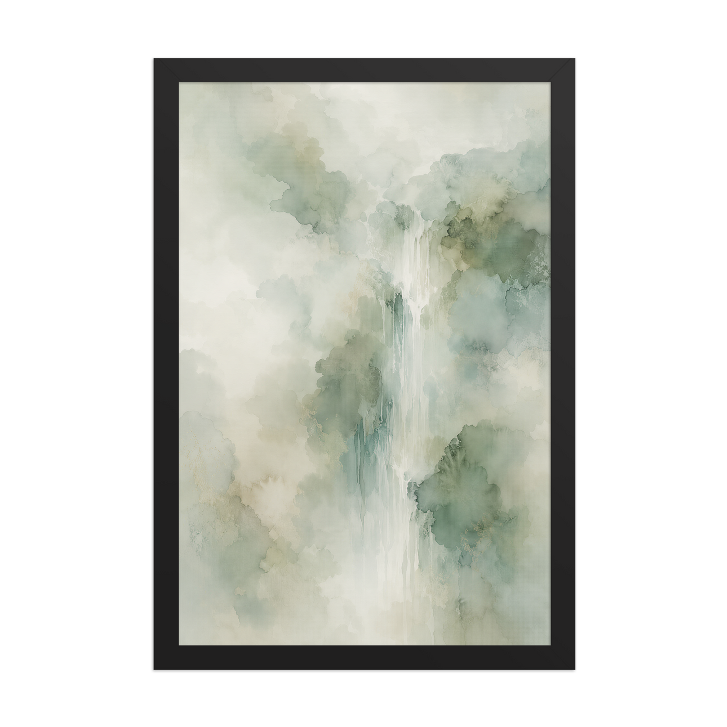 Framed waterfall-inspired poster with soft sage green tones, flowing water, and organic watercolor textures.