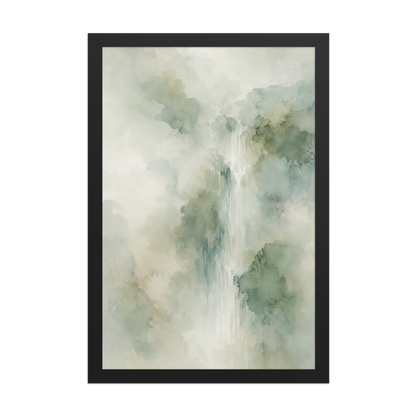 Framed waterfall-inspired poster with soft sage green tones, flowing water, and organic watercolor textures.
