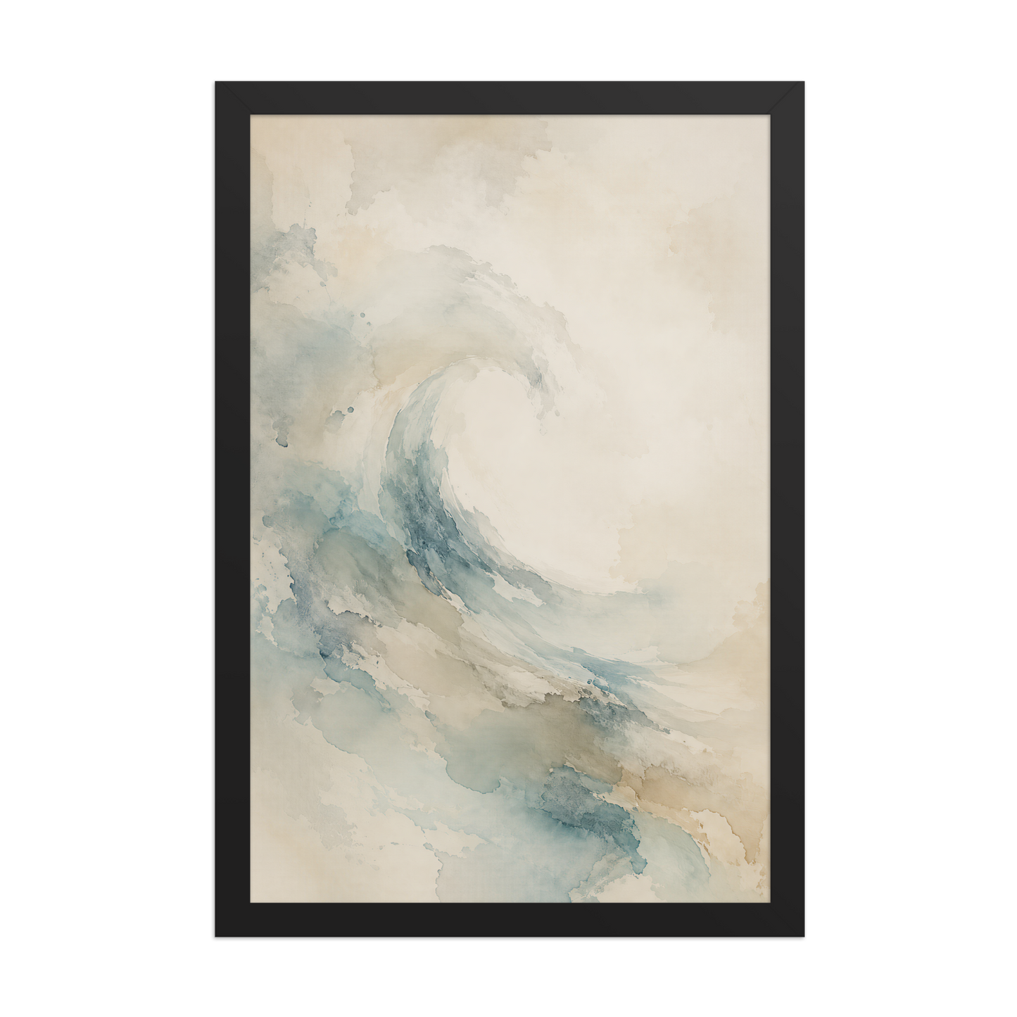 Framed ocean wave-inspired poster with flowing watercolor textures in soft blue, sand, and warm neutral tones.