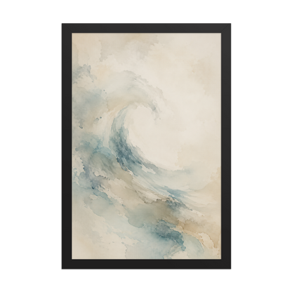 Framed ocean wave-inspired poster with flowing watercolor textures in soft blue, sand, and warm neutral tones.