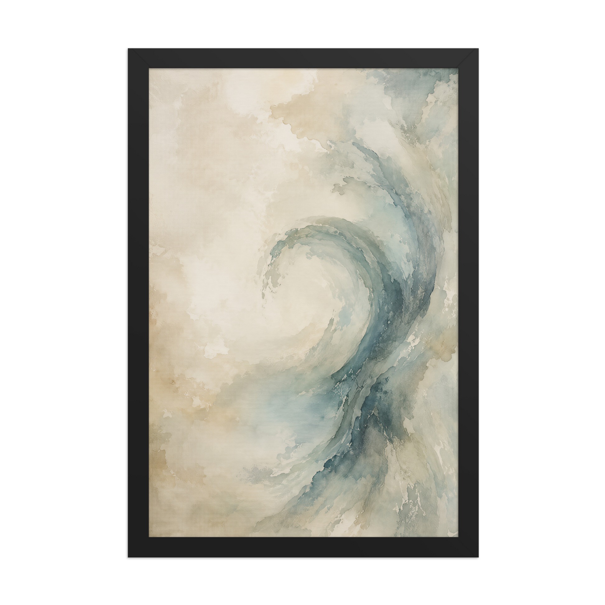 Framed ocean wave-inspired poster with flowing watercolor textures in soft blue, ivory, and warm neutral tones.