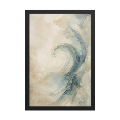 Framed ocean wave-inspired poster with flowing watercolor textures in soft blue, ivory, and warm neutral tones.