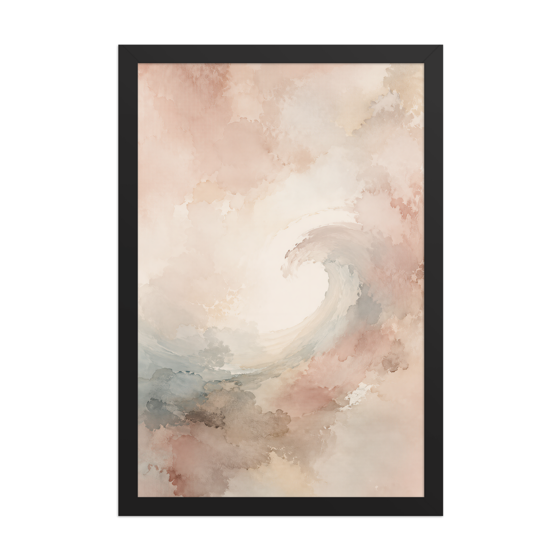 Framed ocean wave-inspired poster with flowing watercolor textures in blush, soft blue, and warm neutral tones.