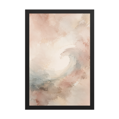 Framed ocean wave-inspired poster with flowing watercolor textures in blush, soft blue, and warm neutral tones.