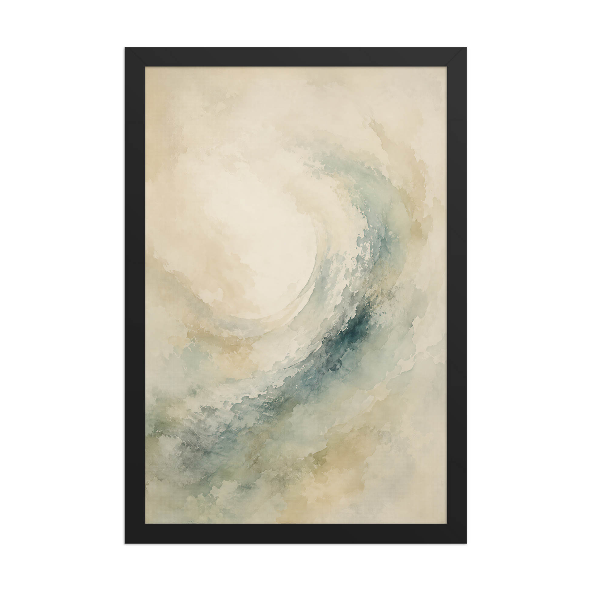 Framed ocean wave-inspired poster with flowing watercolor textures in soft blue, sage, and warm neutral tones.