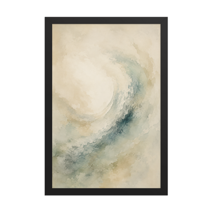 Framed ocean wave-inspired poster with flowing watercolor textures in soft blue, sage, and warm neutral tones.